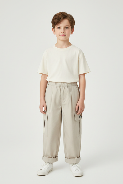 Pantalon Cargo Beige Décontracté Ample Poches Garçon - Toile