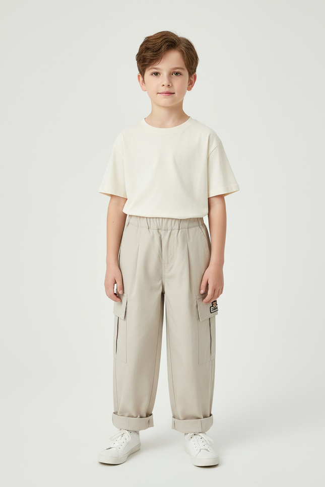Pantalon Cargo Beige Décontracté Ample Poches Garçon - Toile