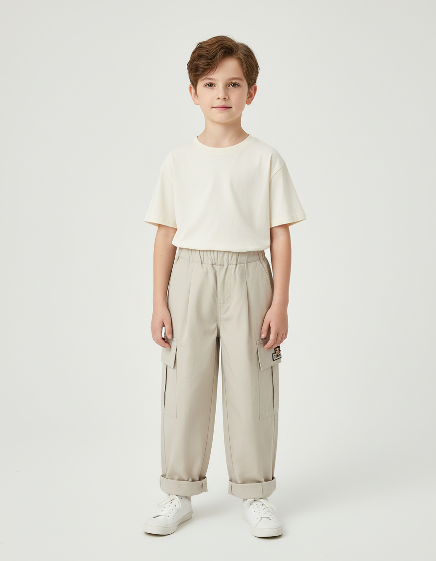 Pantalon Cargo Beige Décontracté Ample Poches Garçon - Toile