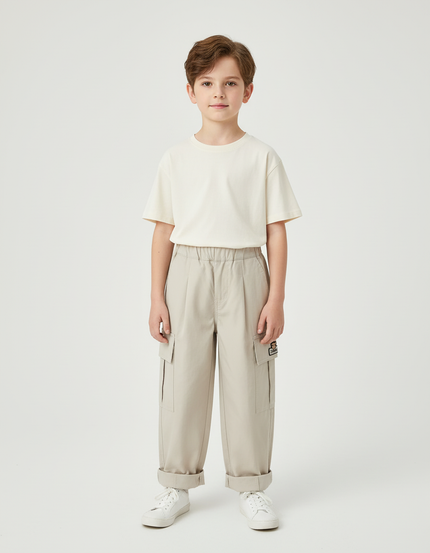 Pantalon Cargo Beige Décontracté Ample Poches Garçon - Toile