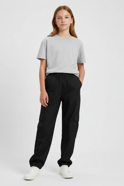 Pantalon Cargo Noir Ample Élastique Fille Coton