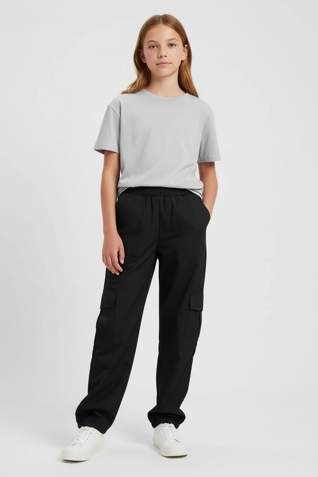 Pantalon Cargo Noir Ample Élastique Fille Coton