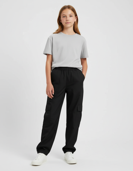 Pantalon Cargo Noir Ample Élastique Fille Coton