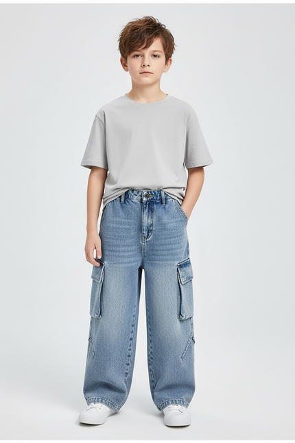 Pantalon Cargo Ample Denim Bleu Multipoches Garçon - Jean
