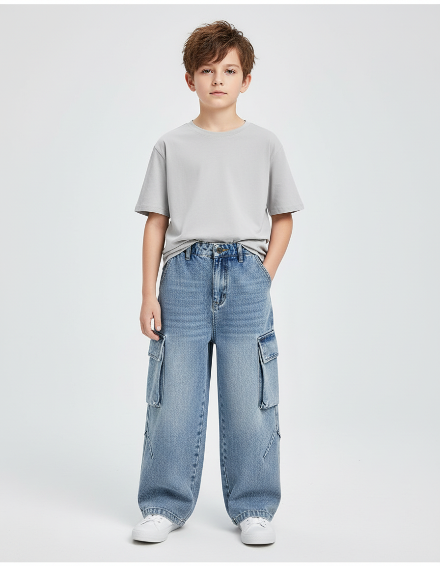 Pantalon Cargo Ample Denim Bleu Multipoches Garçon - Jean