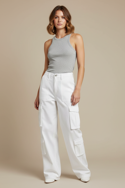 Pantalon Cargo Blanc Ample Poches Latérales Taille Haute - Gabardine