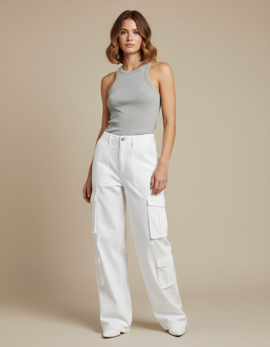 Pantalon Cargo Blanc Ample Poches Latérales Taille Haute - Gabardine