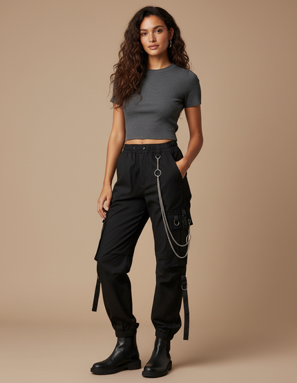 Pantalon Cargo Femme Noir Jogger - Toile