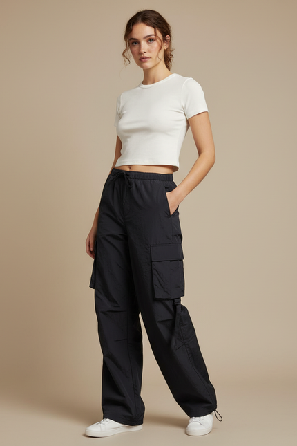 Pantalon Cargo Femme Noir Parachute Ripstop - Polyester