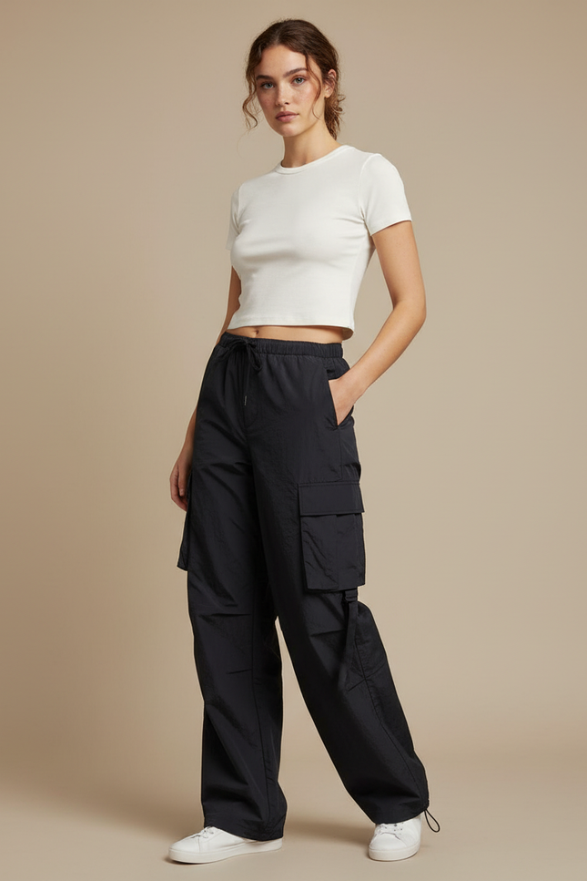 Pantalon Cargo Femme Noir Parachute Ripstop - Polyester