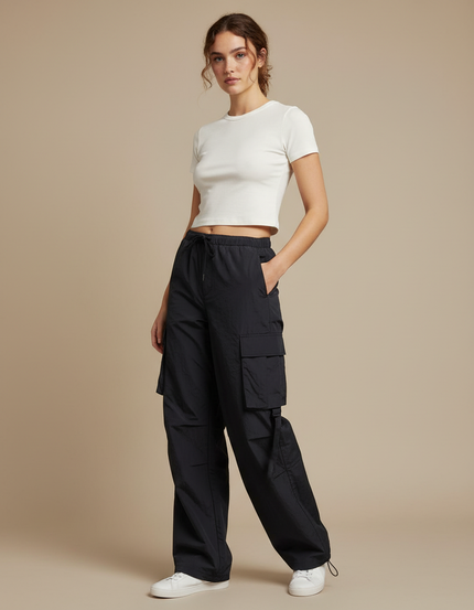 Pantalon Cargo Femme Noir Parachute Ripstop - Polyester