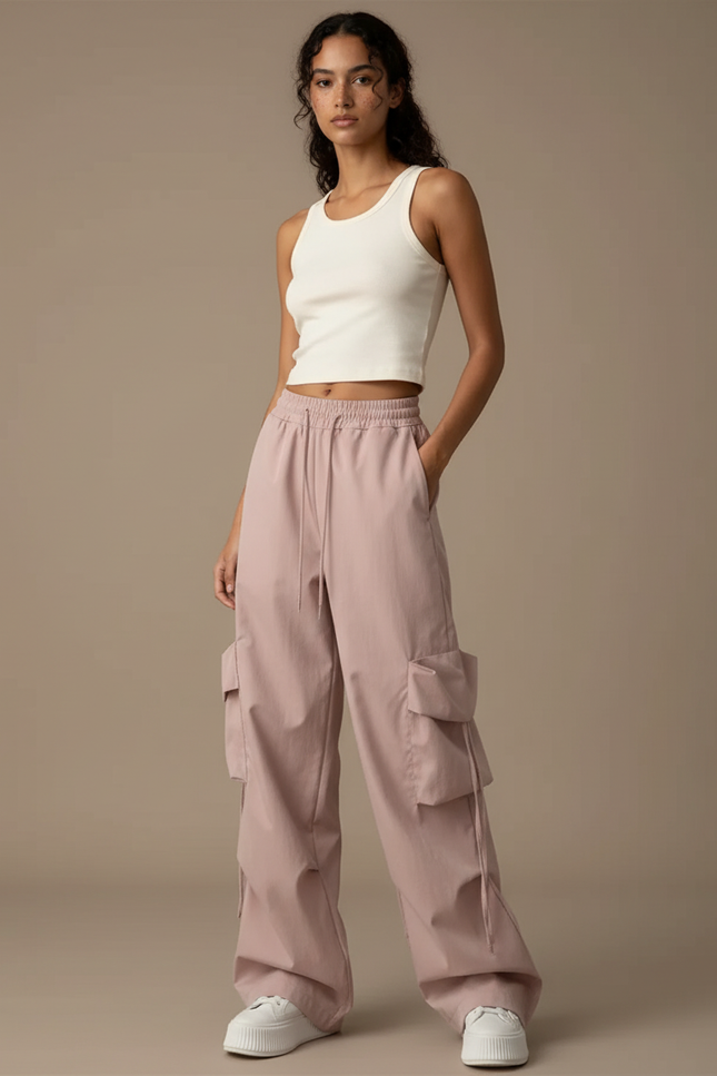 Pantalon Cargo Rose Ample Taille Haute Femme Casual - Coton