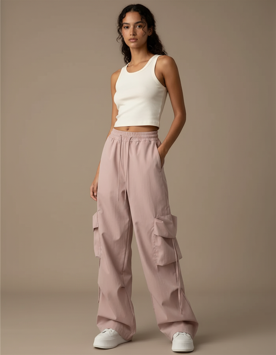 Pantalon Cargo Rose Ample Taille Haute Femme Casual - Coton