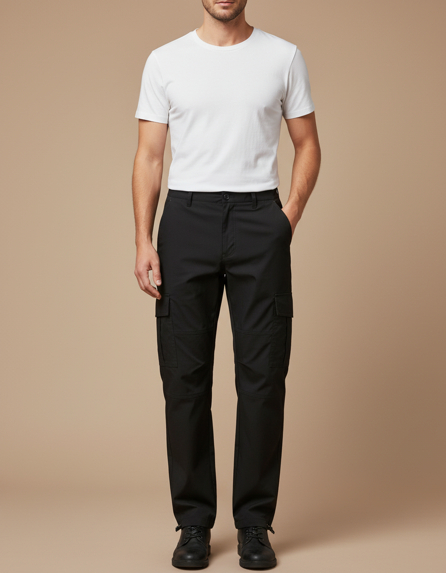 Pantalon Cargo Noir Coupe Droite Homme Décontracté - Gabardine