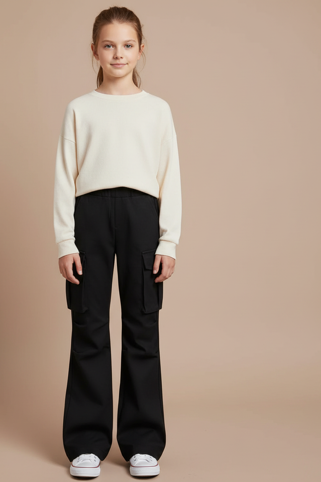 Pantalon Cargo Noir Ample Évasé Décontracté - Gabardine