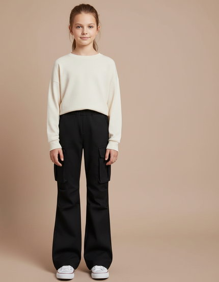 Pantalon Cargo Noir Ample Évasé Décontracté - Gabardine