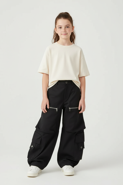 Pantalon Cargo Noir Ample Poches Zippées Enfant - Toile