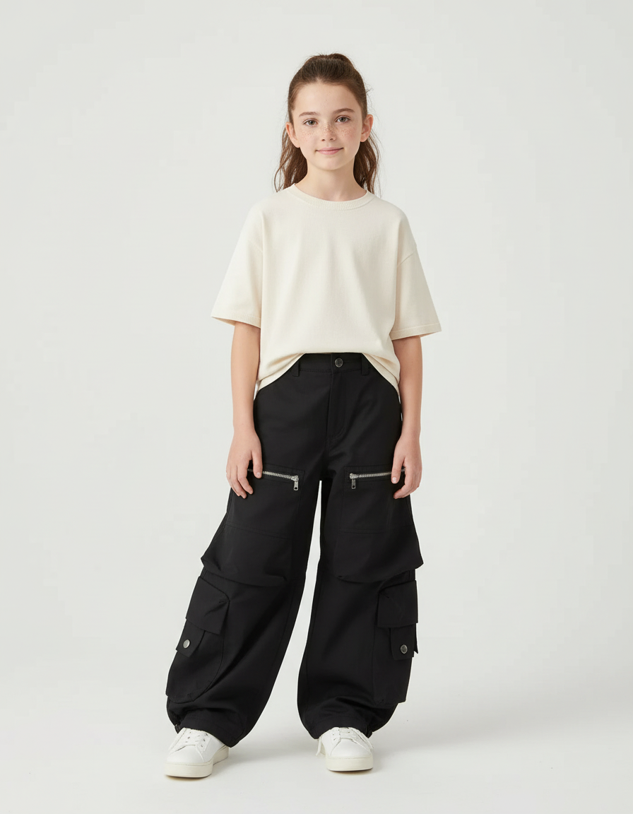 Pantalon Cargo Noir Ample Poches Zippées Enfant - Toile