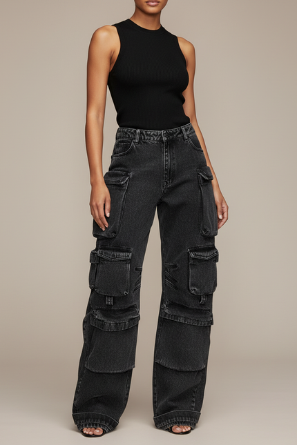 Pantalon Cargo Noir Décontracté Ample Multipoches Femme - Jean