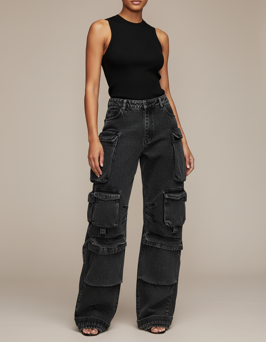 Pantalon Cargo Noir Décontracté Ample Multipoches Femme - Jean