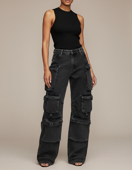 Pantalon Cargo Noir Décontracté Ample Multipoches Femme - Jean