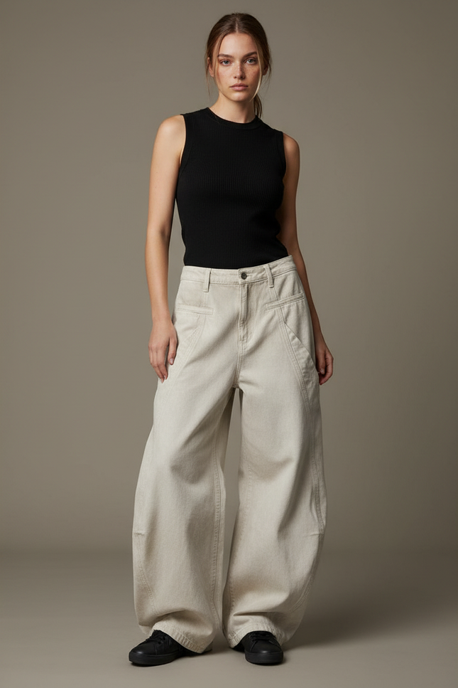 Pantalon Cargo Beige Ample Jean Taille Haute Femme
