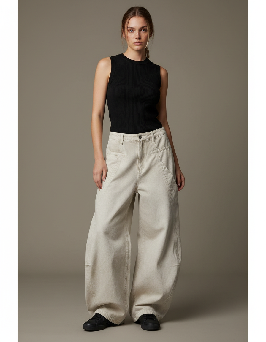 Pantalon Cargo Beige Ample Jean Taille Haute Femme