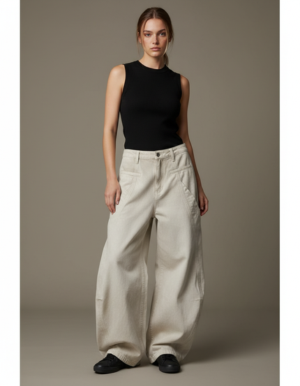 Pantalon Cargo Beige Ample Jean Taille Haute Femme
