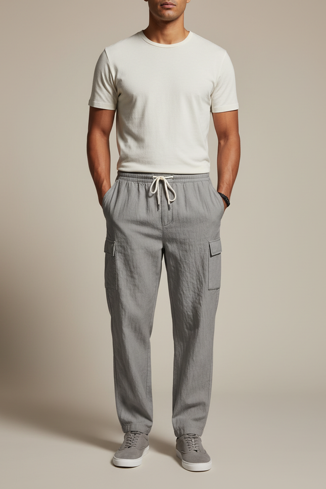 Pantalon Cargo Gris Léger Coton Décontracté Multipoches Cordon