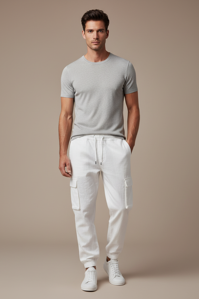 Pantalon Cargo Blanc Coton Lin Cordon Décontracté