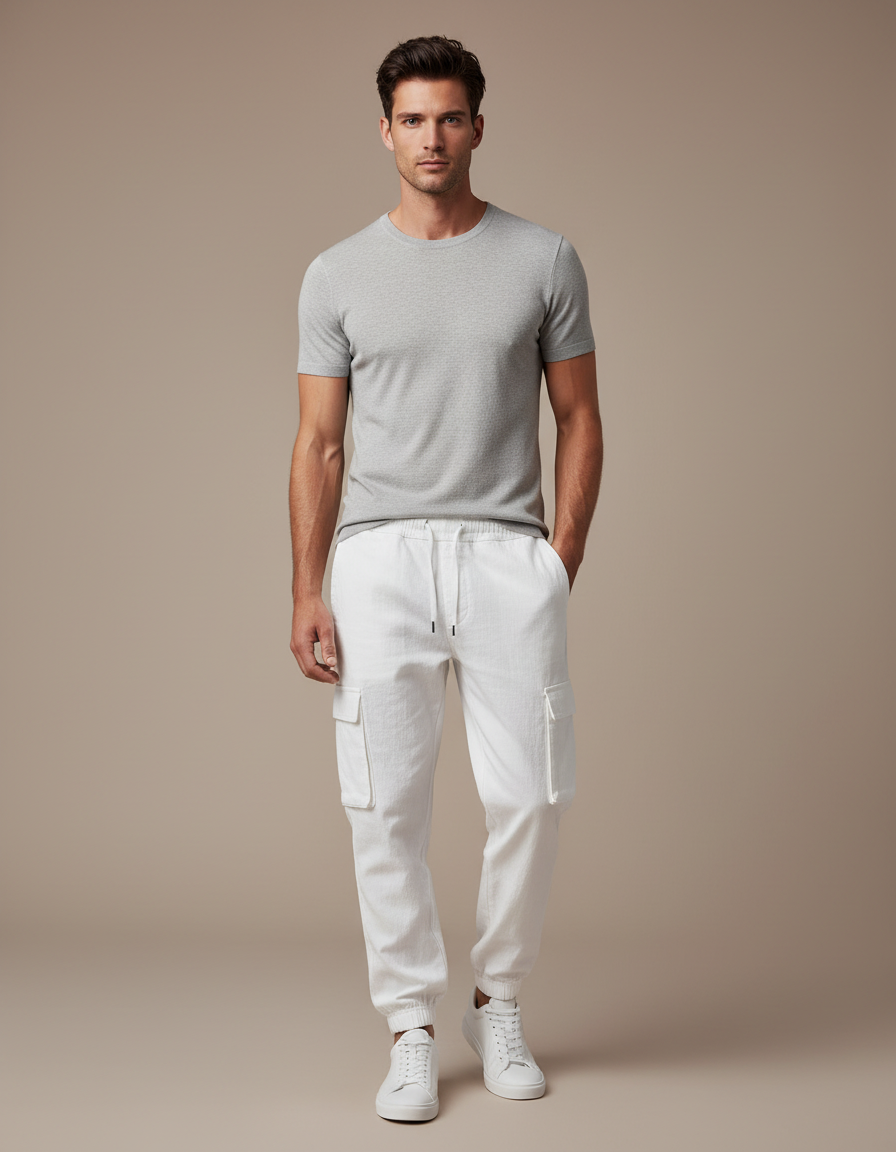 Pantalon Cargo Blanc Coton Lin Cordon Décontracté