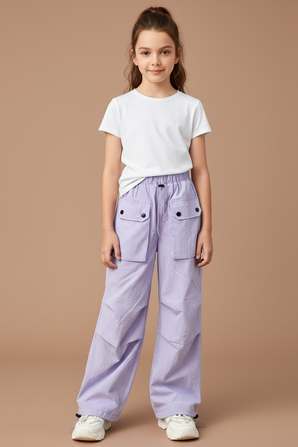 Pantalon Cargo Lilas Ample Multipoches Fille - Violet Polyester