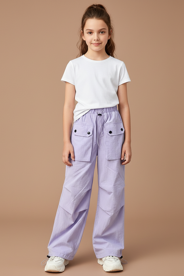 Pantalon Cargo Lilas Ample Multipoches Fille - Violet Polyester