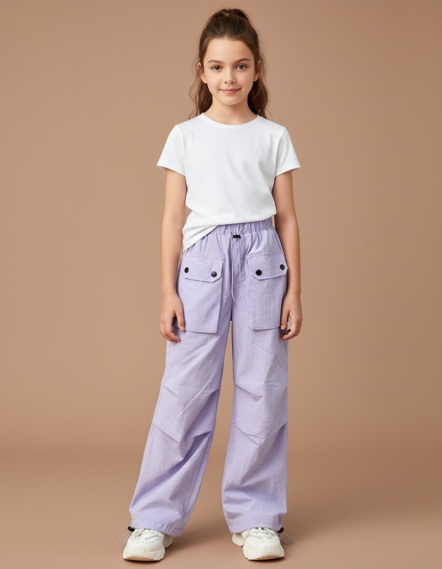 Pantalon Cargo Lilas Ample Multipoches Fille - Violet Polyester