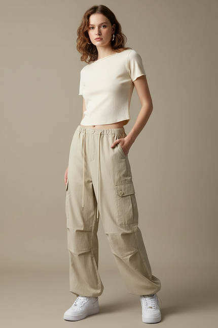 Pantalon Cargo Beige Ample Nylon Multipoches Femme - Toile