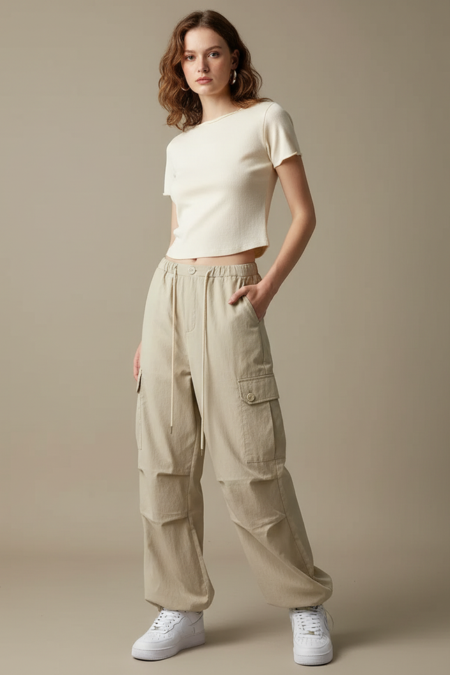 Pantalon Cargo Beige Ample Nylon Multipoches Femme - Toile