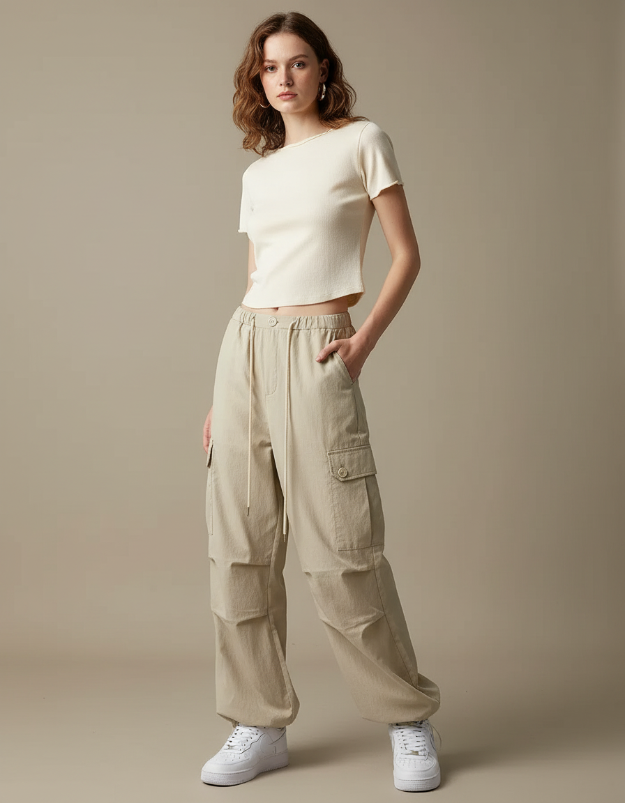 Pantalon Cargo Beige Ample Nylon Multipoches Femme - Toile