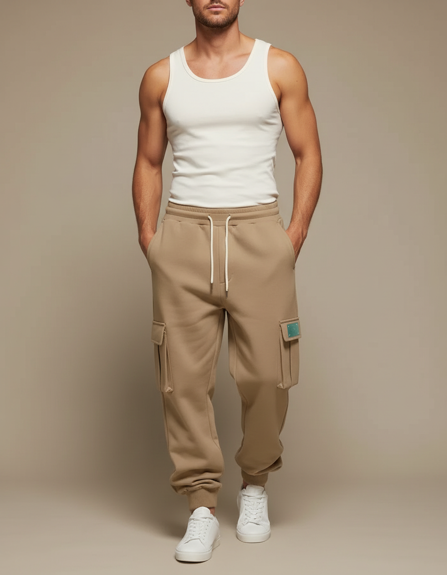 Pantalon Cargo Beige Ample Molletonné Cordon Homme