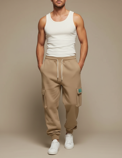 Pantalon Cargo Beige Ample Molletonné Cordon Homme