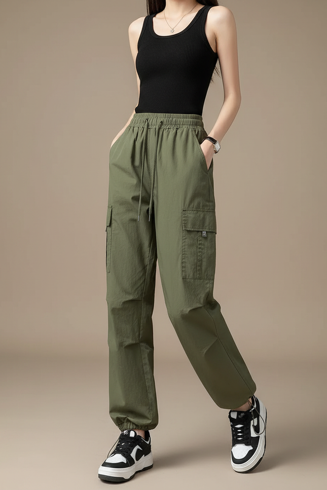 Pantalon Cargo Vert Militaire Ample Taille Élastique Femme - Kaki Polyester