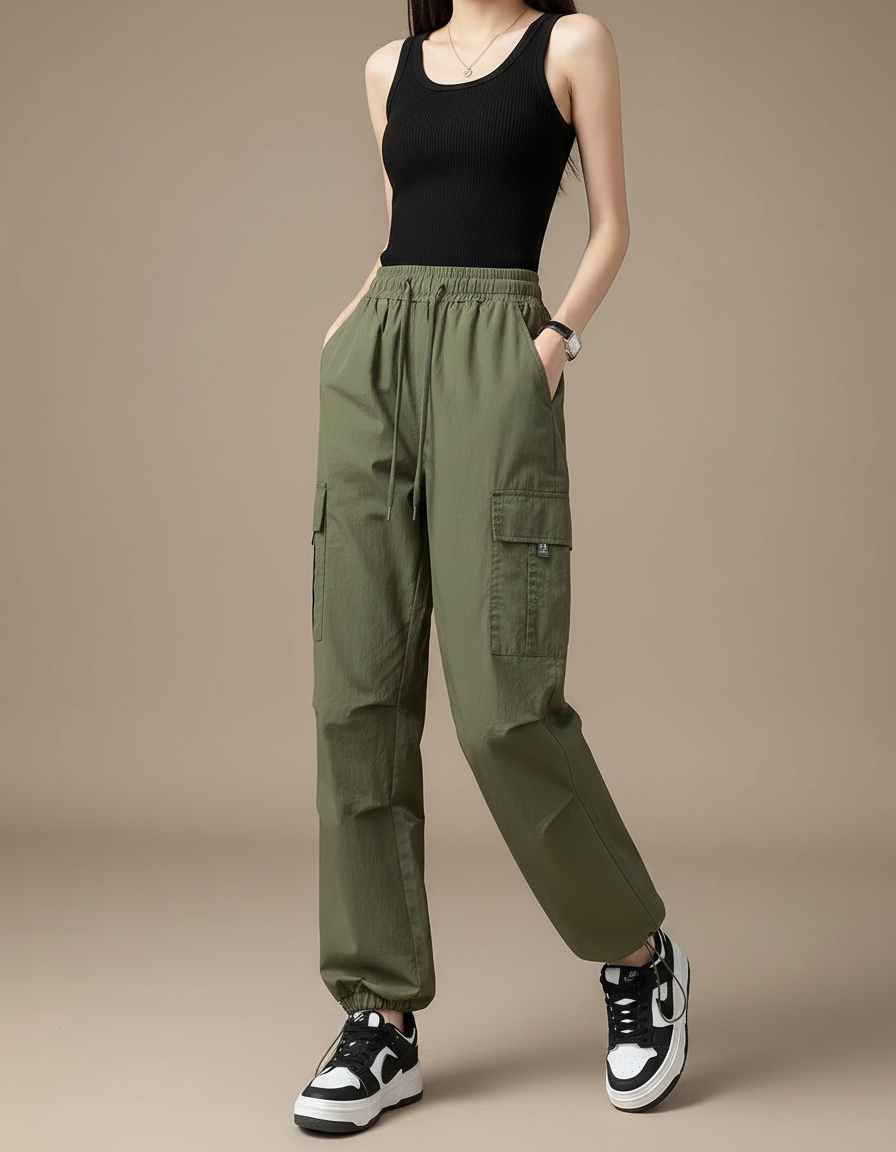 Pantalon Cargo Vert Militaire Ample Taille Élastique Femme - Kaki Polyester