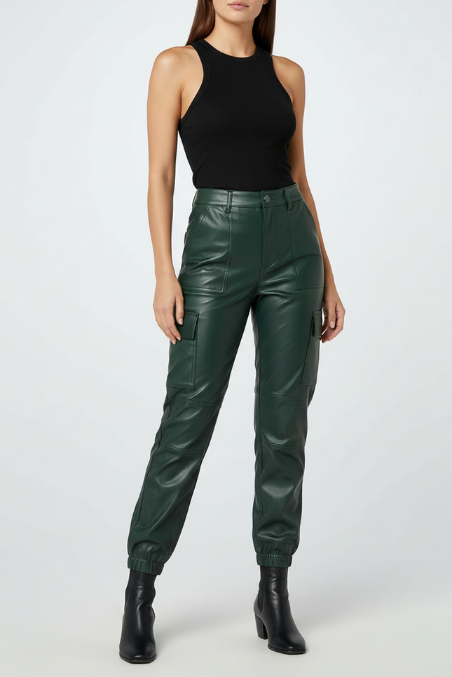 Pantalon Cargo Simili Cuir Femme - Vert