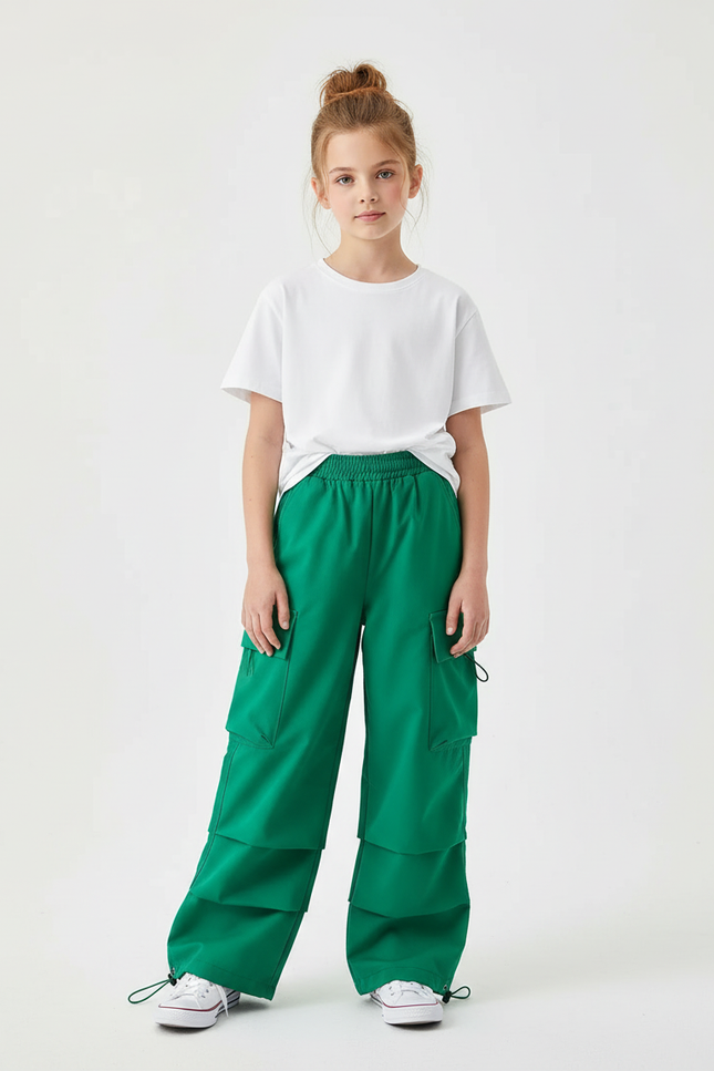 Pantalon Cargo Vert Ample Cordon Multipoches Enfant - Polyester