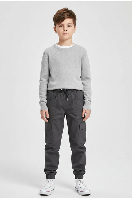 Pantalon Cargo Garçon Gris Coton Multipoches Décontracté