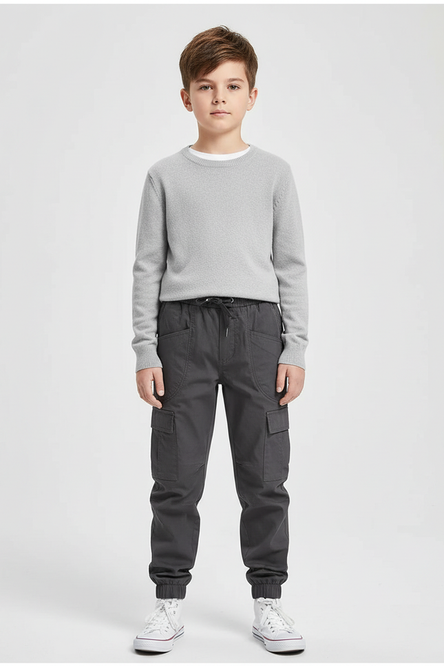Pantalon Cargo Garçon Gris Coton Multipoches Décontracté
