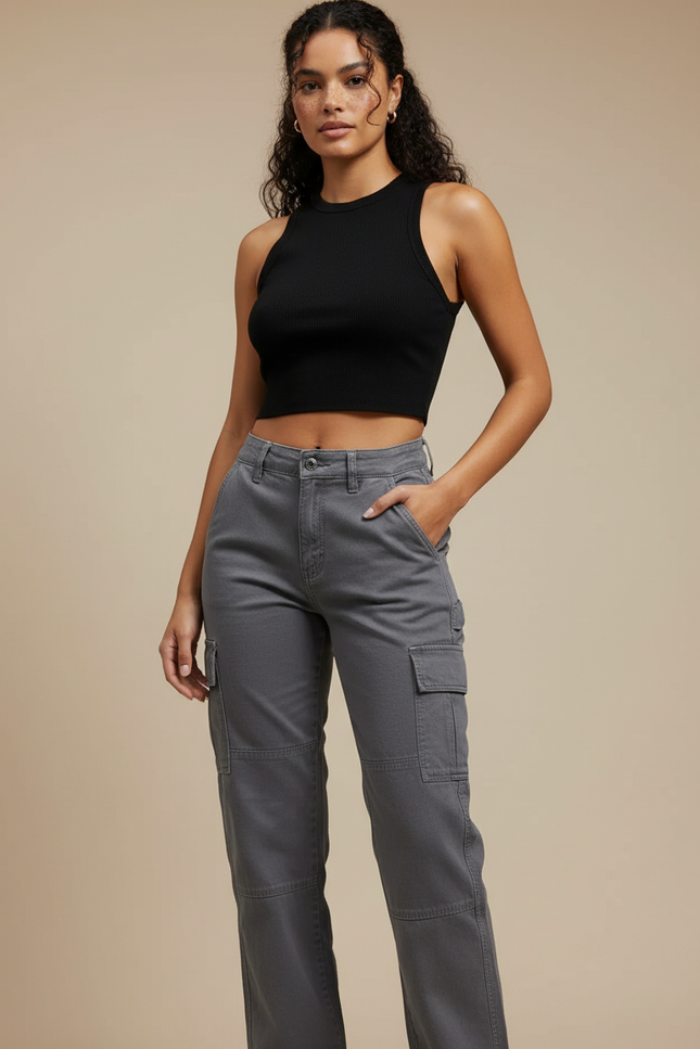 Pantalon Cargo Gris Décontracté Coupe Droite Multipoches Femme - Toile