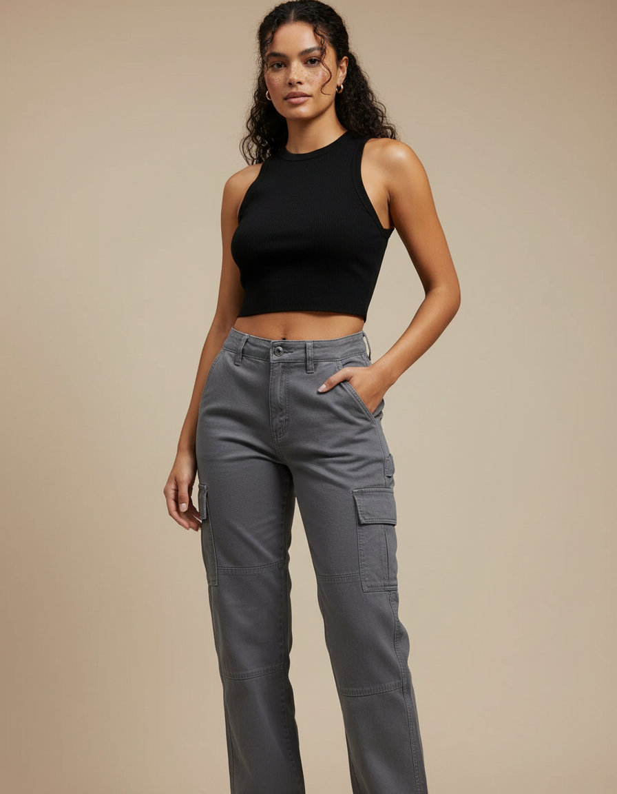 Pantalon Cargo Gris Décontracté Coupe Droite Multipoches Femme - Toile