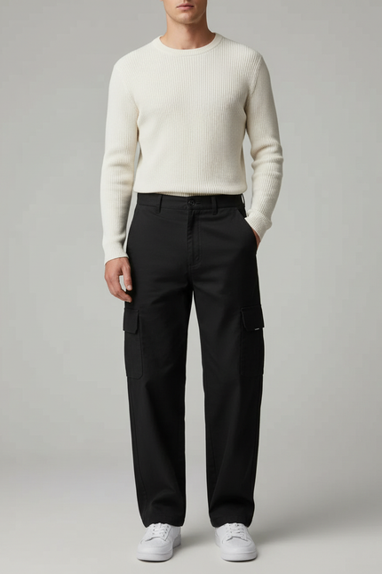 Pantalon Cargo Noir Homme Ample Décontracté Urbain - Toile