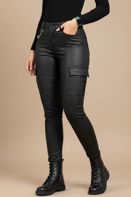 Pantalon Cargo Noir Similicuir Skinny Poches Latérales - Simili cuir