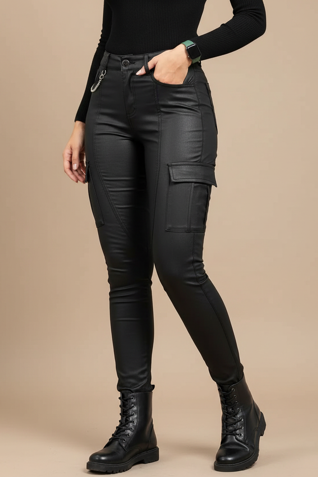 Pantalon Cargo Noir Similicuir Skinny Poches Latérales - Simili cuir